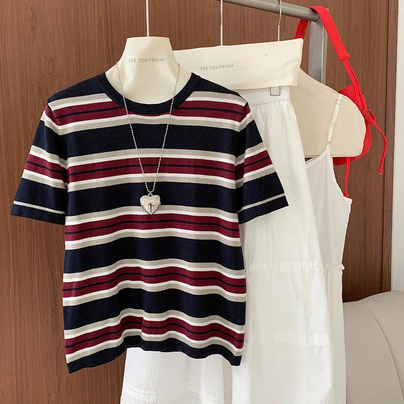 Women's Pure Cotton round Neck T-Shirt Summer Korean Style Loose Large Size Casual Short Sleeve Striped Top Base Blouse