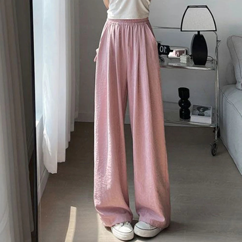 Female New Korean Baggy Wide Leg Pants Girls Solid High Waist Casual Trousers Lady Thin Comfortable Ice Silk Pants