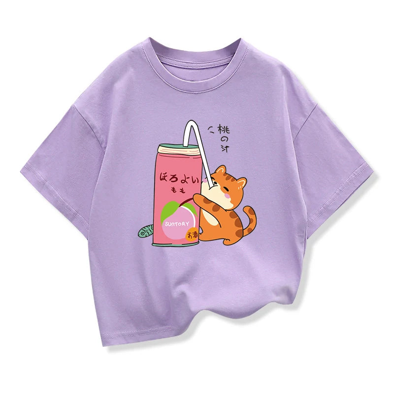 Cute Cat Drinking Milk Tea Casual Clothes Tops Harajuku Funny Cartoon Short Sleeve T-shirt Boys Girls Loose Tee Tops