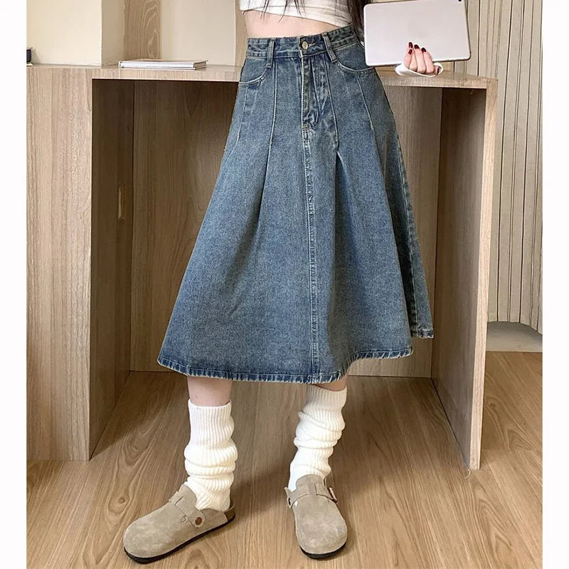 Summer Trendy Designer Lady High Waist Jeans Skirts Women Fashion Vintage Denim Skirts Girls Korean Casual Mid-Long Dress