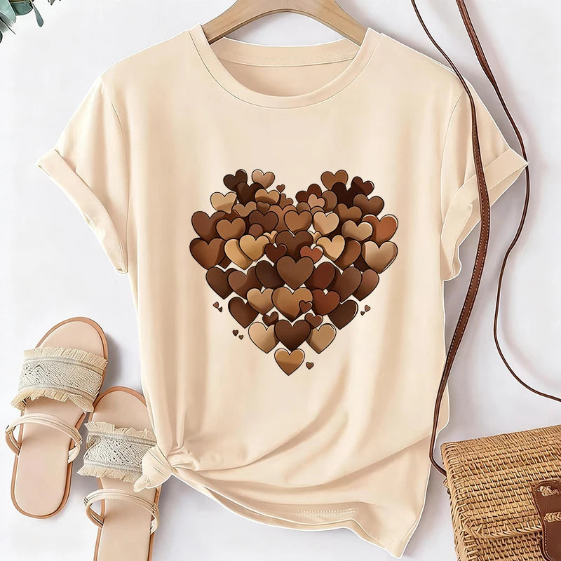 Women's Casual Short Sleeve Round Neck T-Shirt with A Heart Filled Print 90s Korean Style T Shirt Graphic Y2k Tshirt Clothes