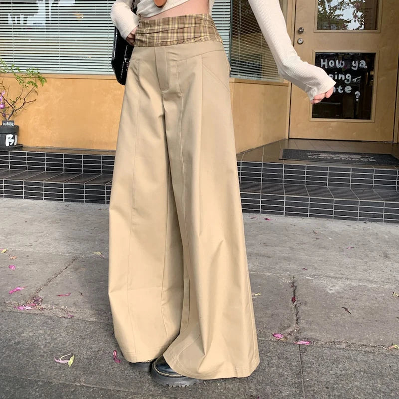 American Retro Khaki Casual Pants for Women 2026 Spring Plaid Patchwork Wide Leg Pants Women Loose High Waisted Long Trousers