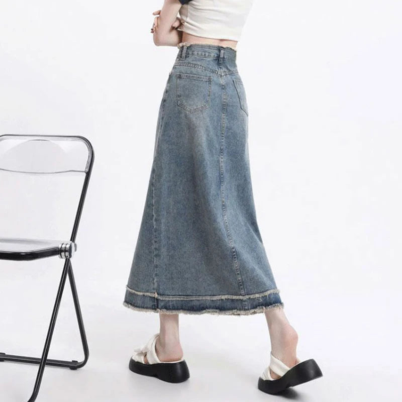 Summer Trendy Female Raw Edge Jeans Skirt Lady Korean Slim Fit Mid-Long Dress Women High Waist Solid Thin Denim Skirt