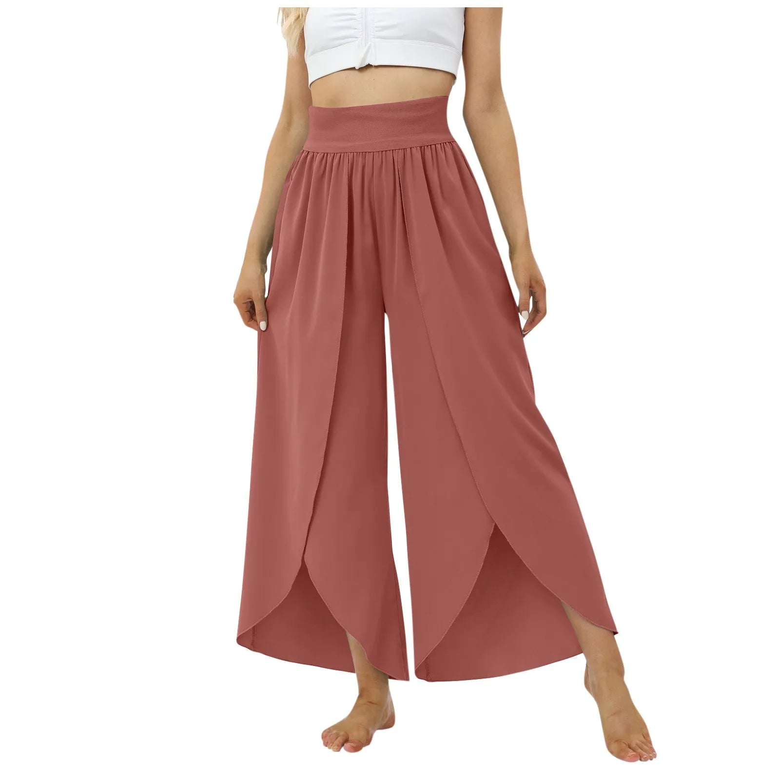 Ladies' Elastic Waist Solid Color Casual Irregular Trousers Fashion Korean Version High Waist Loose Wide Leg Long Pants