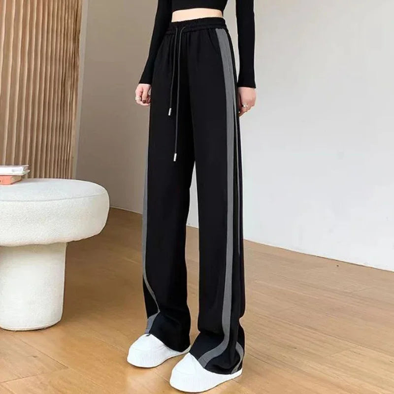Women Chic Patchwork High Waist Pants Female Korean Drawstring Baggy Wide Leg Trousers Girls Fashion Casual Daily Pants