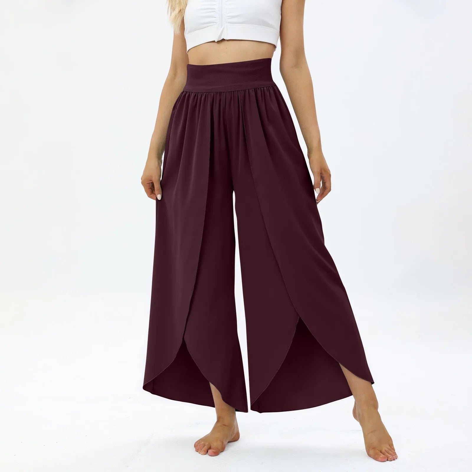 Ladies' Elastic Waist Solid Color Casual Irregular Trousers Fashion Korean Version High Waist Loose Wide Leg Long Pants