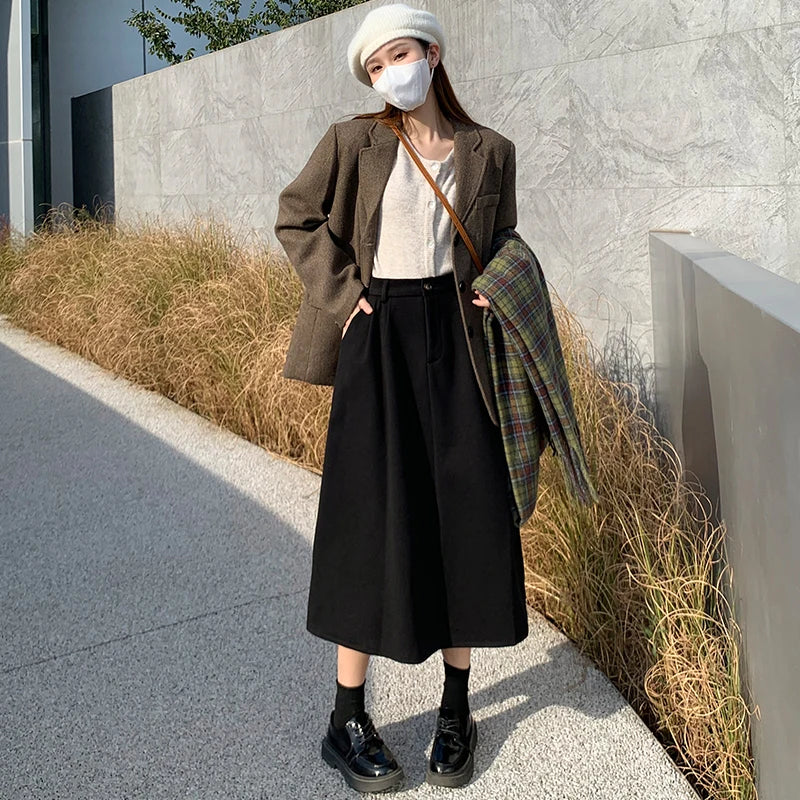 High Waist Woolen Skirt Women Long 2024 Autumn Winter Plus Size Women Clothing Elastic Waist A Line Brown Or Black Skirt Women