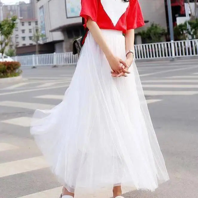 Vintage Tulle Skirt Women Streetwear Elastic High Waist Mesh Pleated Skirts Summer Elegant Korean A Line Office Ladies Skirt New
