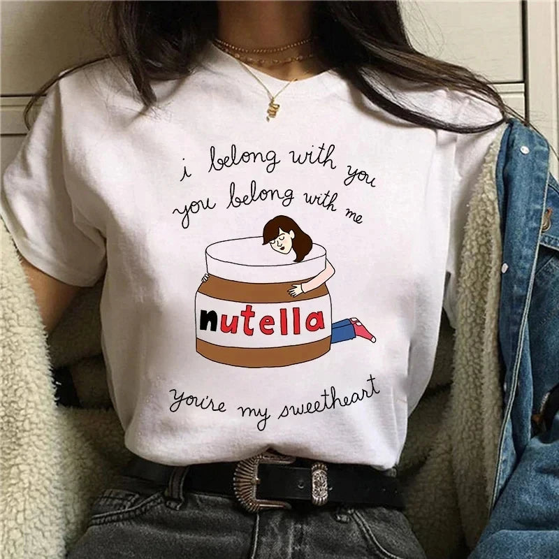 Ladies' New Kawaii Fashion Nutella Fun Printed T-shirt Harajuku Women's Cute Cartoon Korean Top T-shirt Women's Clothing