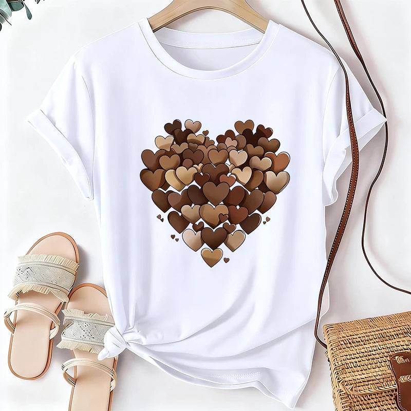 Women's Casual Short Sleeve Round Neck T-Shirt with A Heart Filled Print 90s Korean Style T Shirt Graphic Y2k Tshirt Clothes