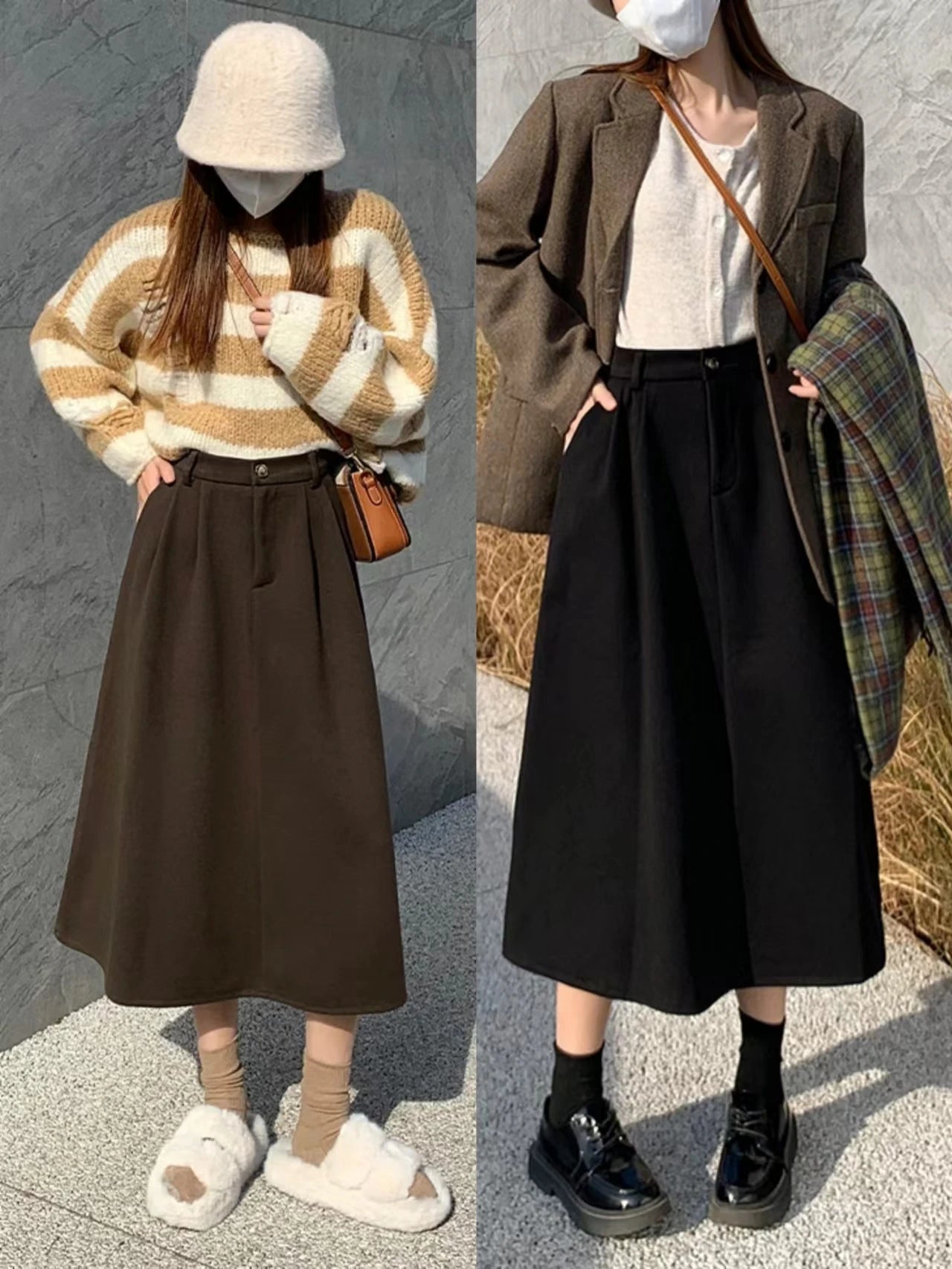 High Waist Woolen Skirt Women Long 2024 Autumn Winter Plus Size Women Clothing Elastic Waist A Line Brown Or Black Skirt Women