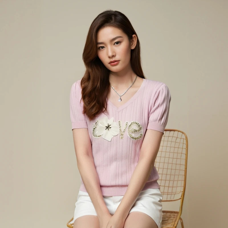 Knitted T-shirt for Women Summer Love Flower Embroidery Luxury Clothes Slim Tops Female Short Sleeve T-shirt Tee