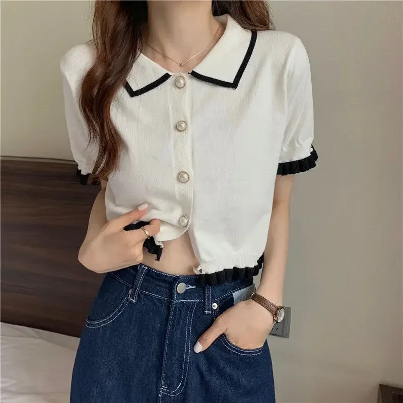 Women's Stylish Clothing Knitting Button Short Tops Tees Patchwork Striped Jacket Girls Y2k Clothing Korean Sweater Short Shirt
