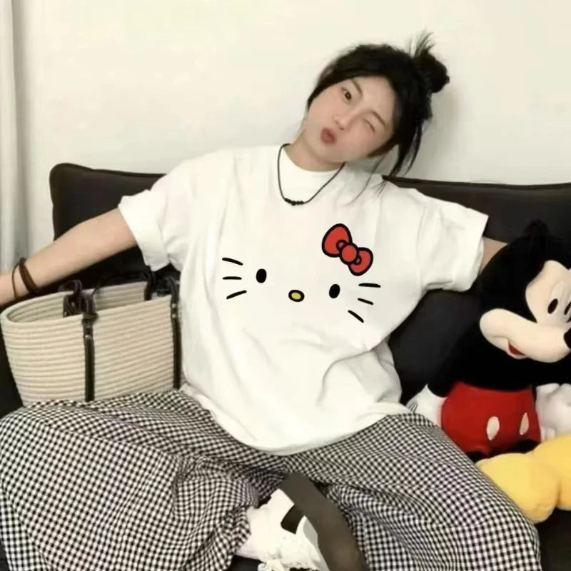 Hello Kitty Cartoon 2025 Simple Loose Cute Round Neck Casual Trend Summer Cotton Short Sleeved T-shirt Fashion Y2K Top T-shirt