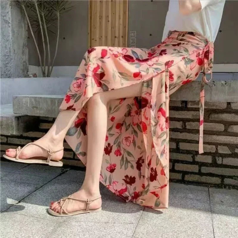 11 Colors Women's Summer High Waisted Lace-Up Sexy Wrap Midi Skirt Korean Trendy Beach Elastic Waist Solid All-Match Skirt