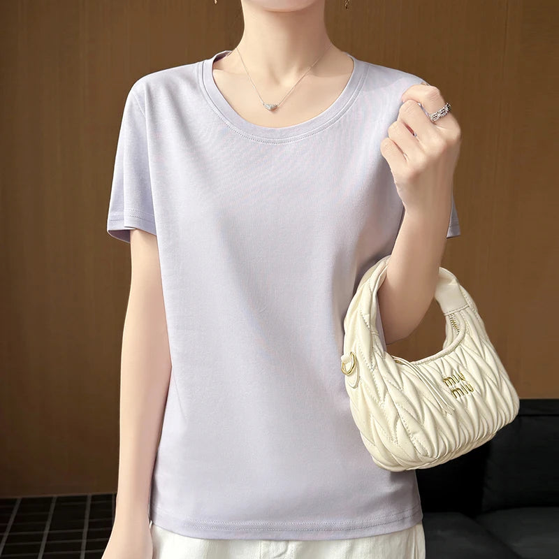 2026 new women's short sleeved O-neck 100% cotton knitted T-shirt breathable and cool Korean version hot selling T-shirt