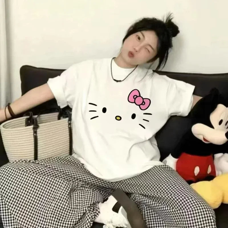 Hello Kitty Cartoon 2025 Simple Loose Cute Round Neck Casual Trend Summer Cotton Short Sleeved T-shirt Fashion Y2K Top T-shirt