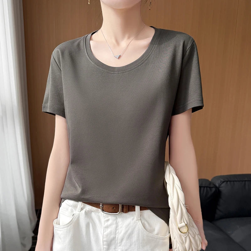 2026 new women's short sleeved O-neck 100% cotton knitted T-shirt breathable and cool Korean version hot selling T-shirt