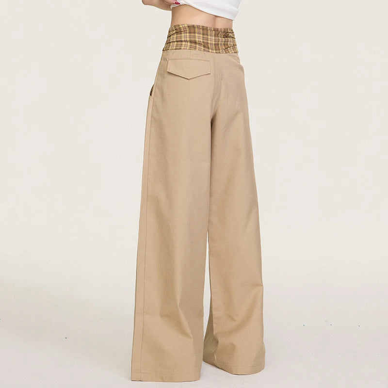 American Retro Khaki Casual Pants for Women 2026 Spring Plaid Patchwork Wide Leg Pants Women Loose High Waisted Long Trousers