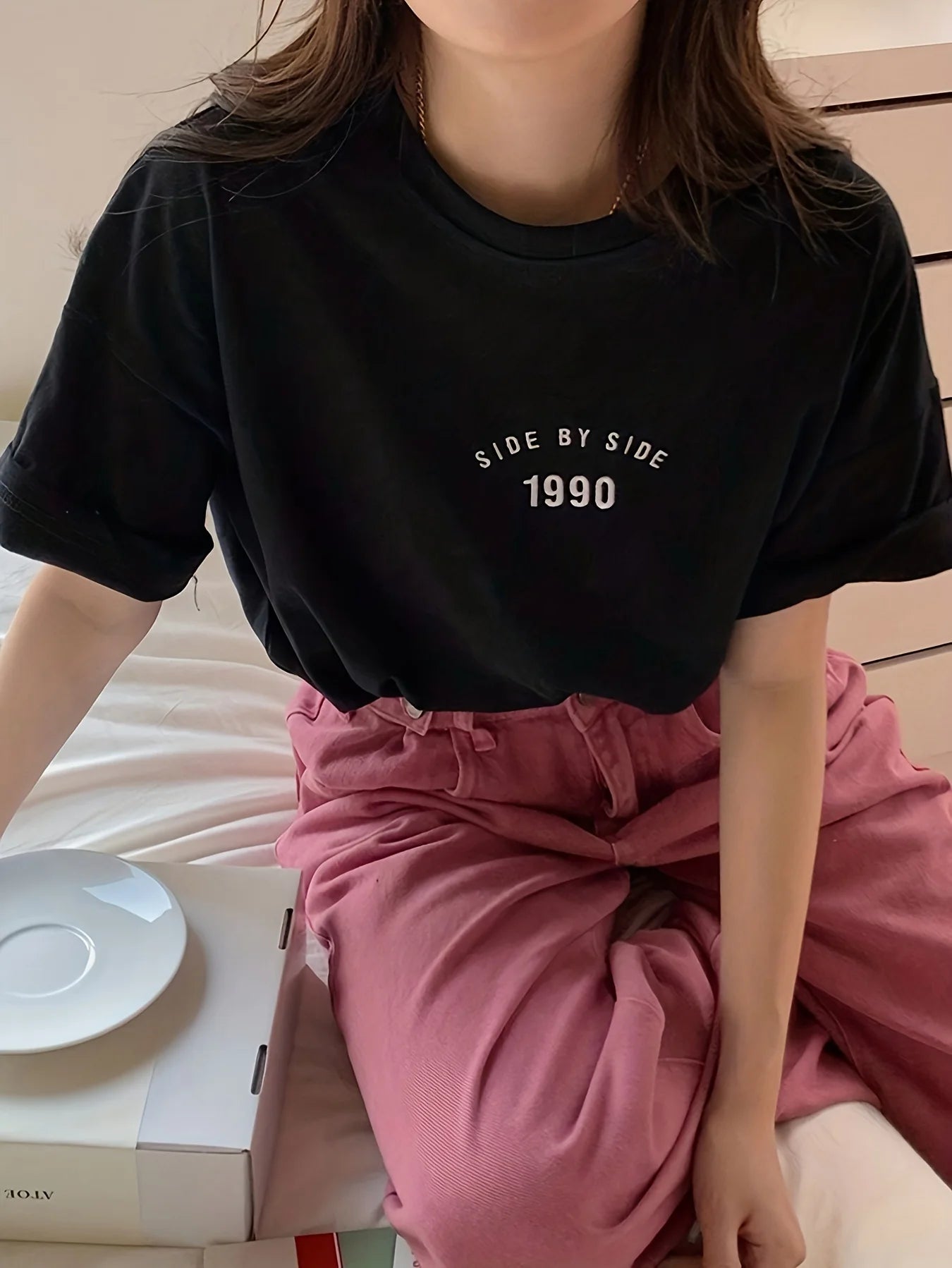 Korean Style 1990 Side By Side Letter Printed Female T-Shirt Summer Casual T Shirt Fashion Loose Streetwear Women Tops