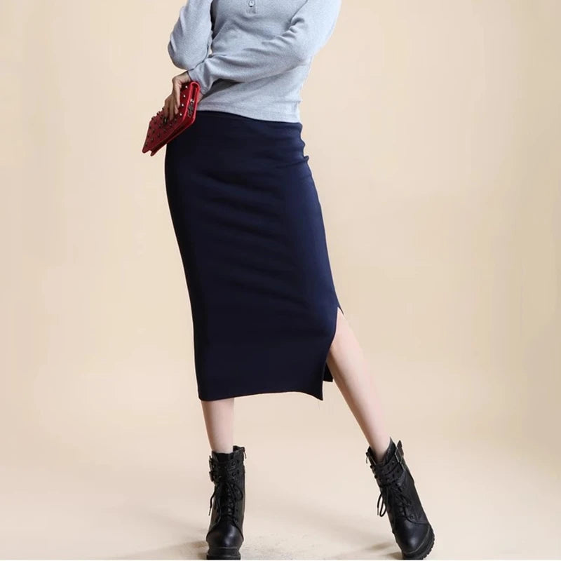Winter Womens Skirt High Waist Stretch Pencil Long Split Front Slit A Line Casual Korean Style Elegant Black Pencil Skirt