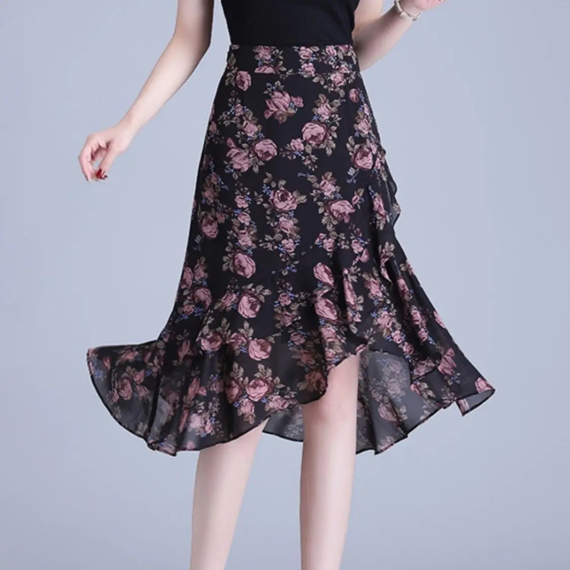 Ruffle Floral Women's Skirt Midi Black Y2k Vintage Female Skirts Korean Style Chic and Elegant Premium Fashion A Line Luxury V