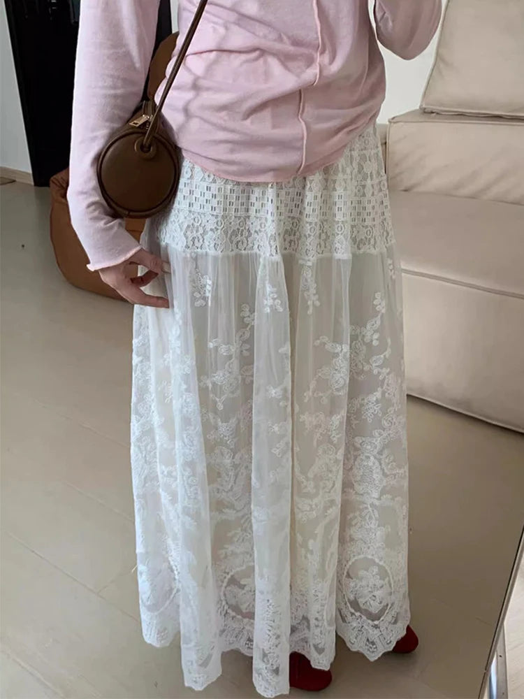 French White Lace Long Skirt Women High Waisted A-line Skirt Bohemia 2025 Spring Summer Clothes