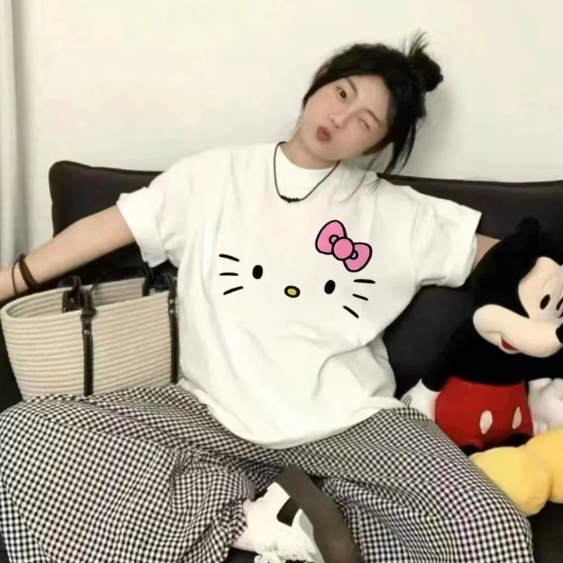 Hello Kitty Cartoon 2025 Simple Loose Cute Round Neck Casual Trend Summer Cotton Short Sleeved T-shirt Fashion Y2K Top T-shirt