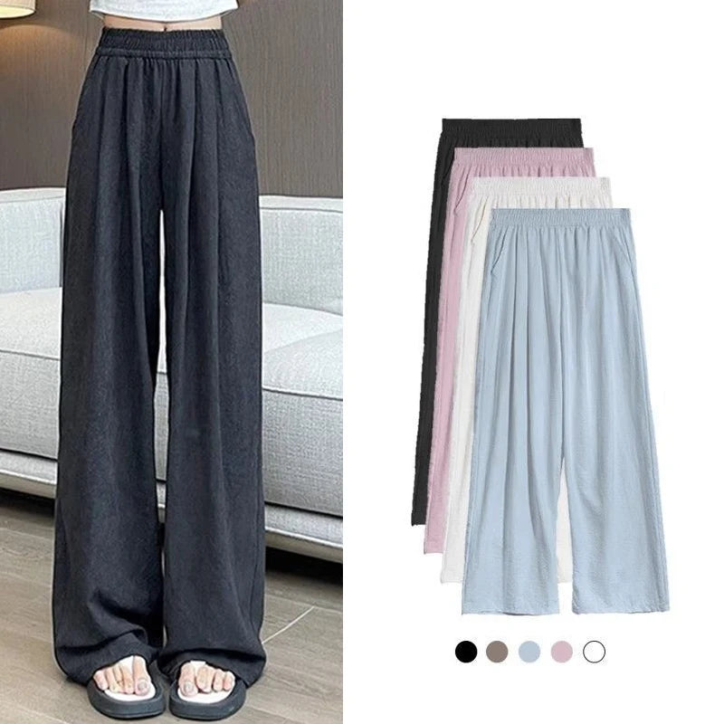 Female New Korean Baggy Wide Leg Pants Girls Solid High Waist Casual Trousers Lady Thin Comfortable Ice Silk Pants