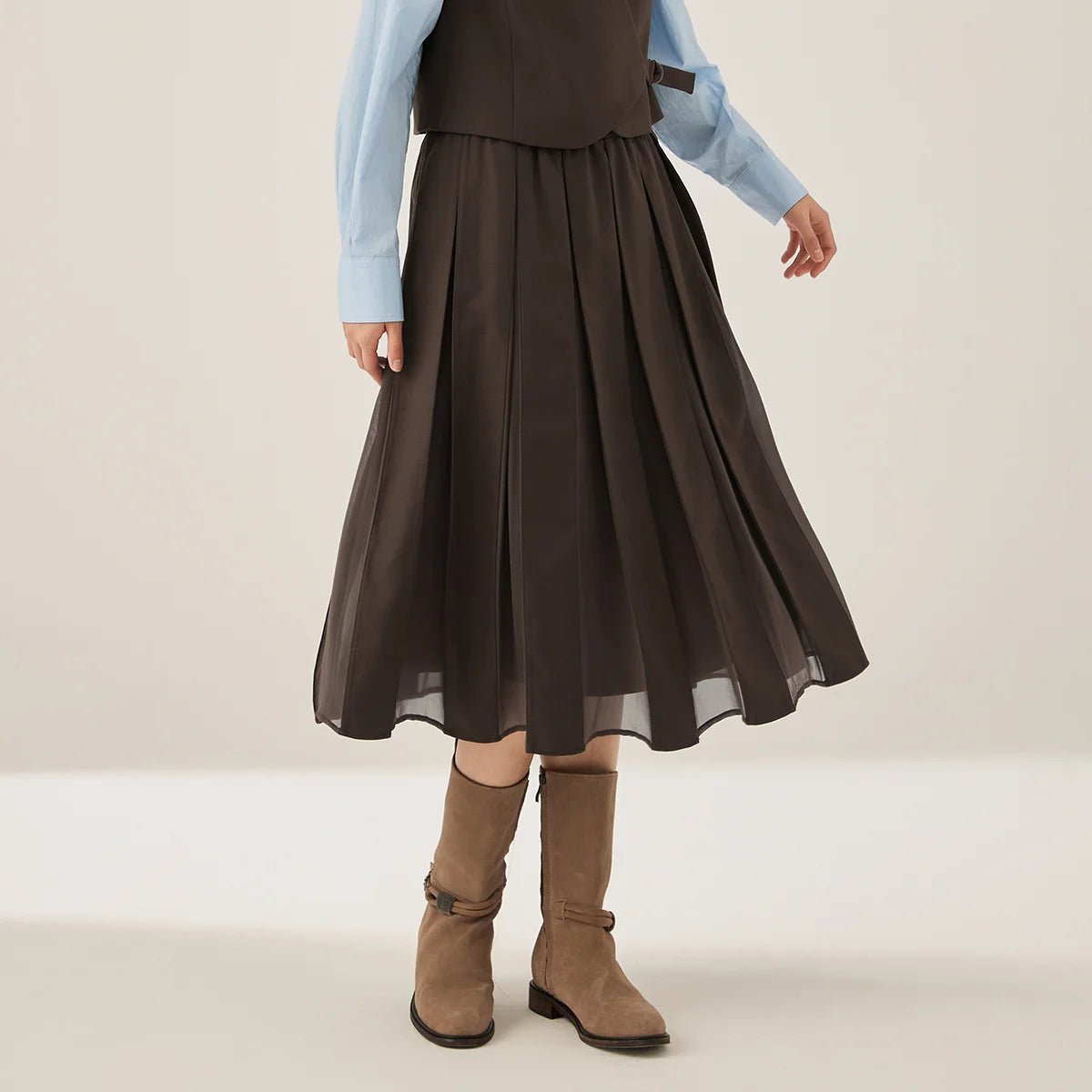 KL7523327 Women's Elegant Pleated Midi Skirt Chiffon A-Line Wool Blend Fall Clothing