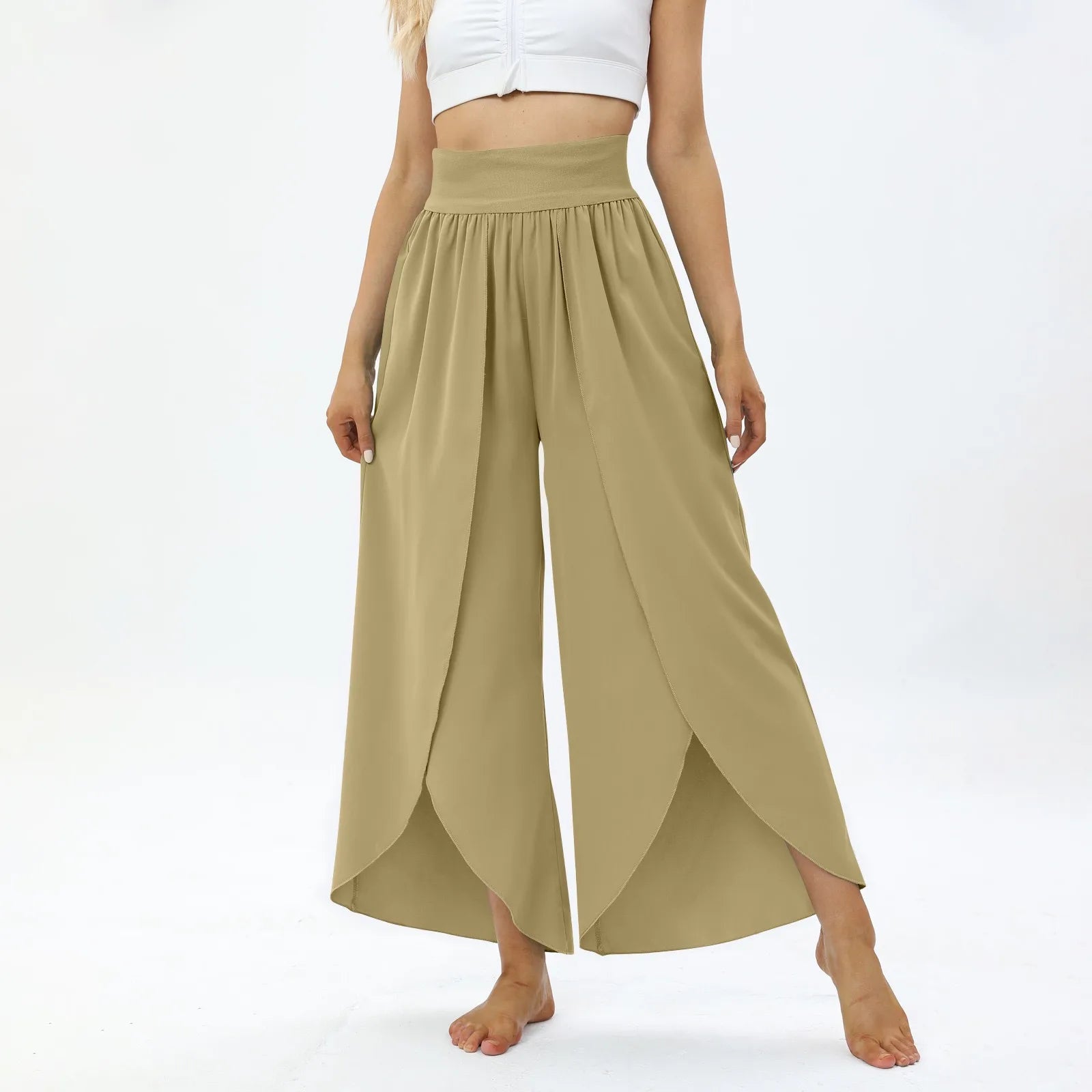 Ladies' Elastic Waist Solid Color Casual Irregular Trousers Fashion Korean Version High Waist Loose Wide Leg Long Pants