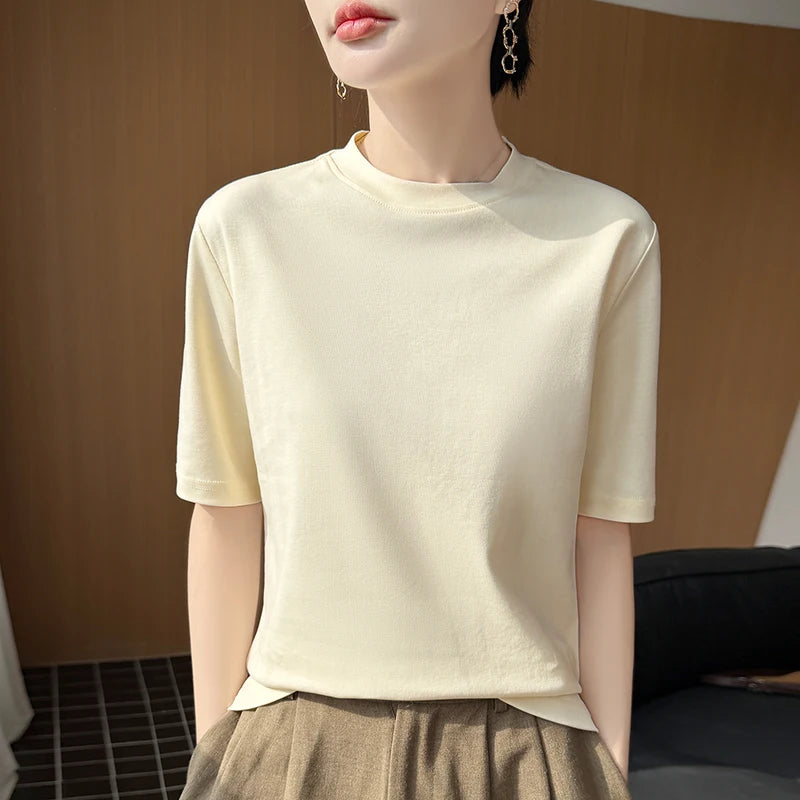 Women's Short Sleeve O-Neck T-Shirt 100% Cotton Knitted Breathable Cool Korean Style Hot Selling Summer Top