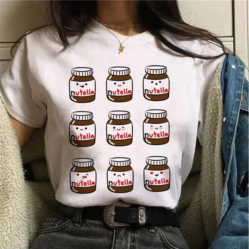 Ladies' New Kawaii Fashion Nutella Fun Printed T-shirt Harajuku Women's Cute Cartoon Korean Top T-shirt Women's Clothing