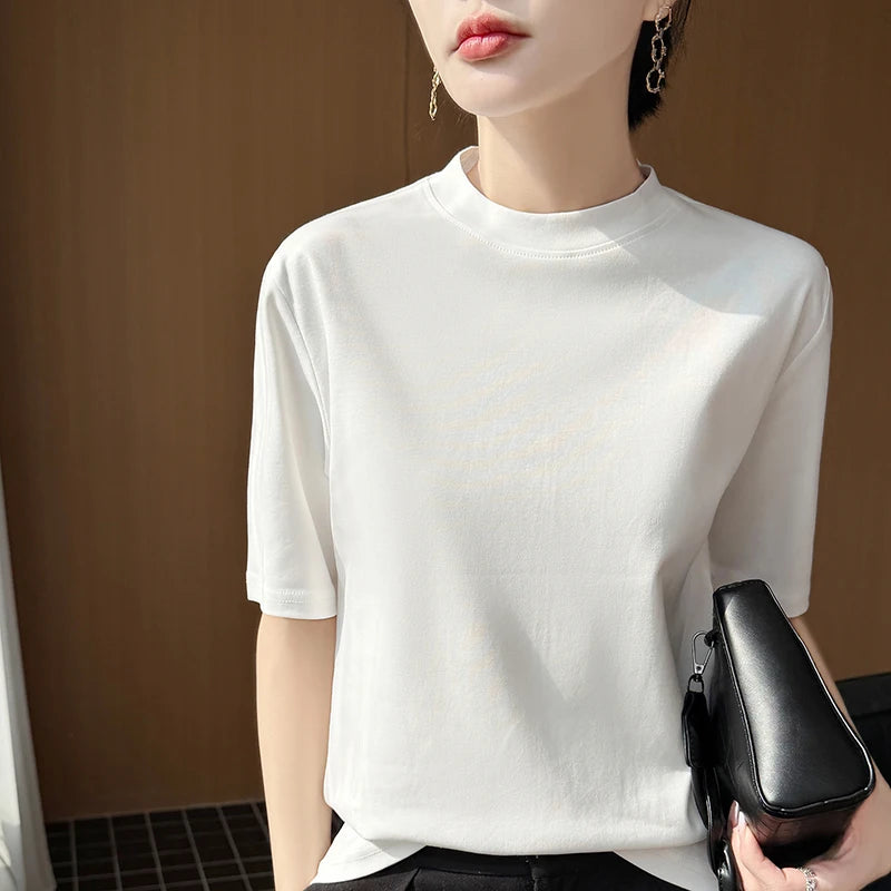 Women's Short Sleeve O-Neck T-Shirt 100% Cotton Knitted Breathable Cool Korean Style Hot Selling Summer Top