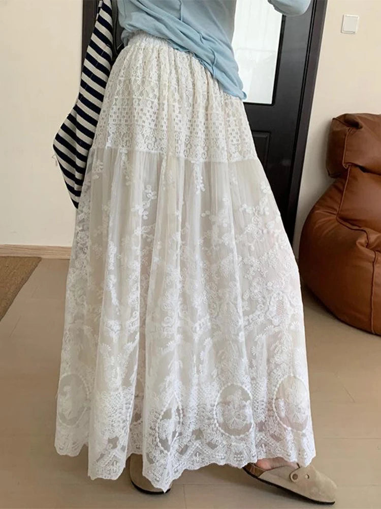 French White Lace Long Skirt Women High Waisted A-line Skirt Bohemia 2025 Spring Summer Clothes