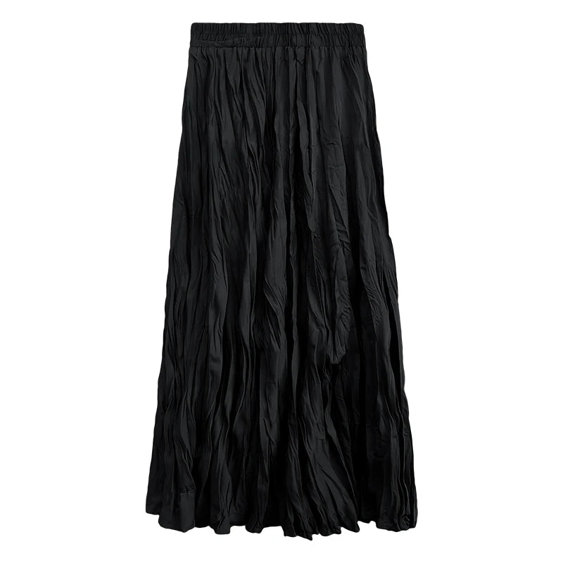 2022 Autumn Winter Wrinkled Black Pleated Skirt Women Korean Style Casual High Waisted A-Line Long Skirts Midi falda plisada