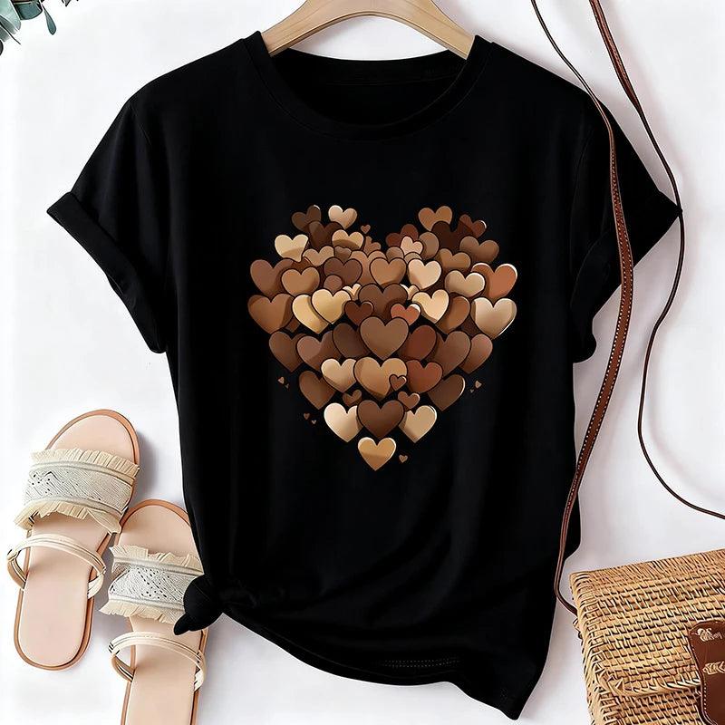 Women's Casual Short Sleeve Round Neck T-Shirt with A Heart Filled Print 90s Korean Style T Shirt Graphic Y2k Tshirt Clothes