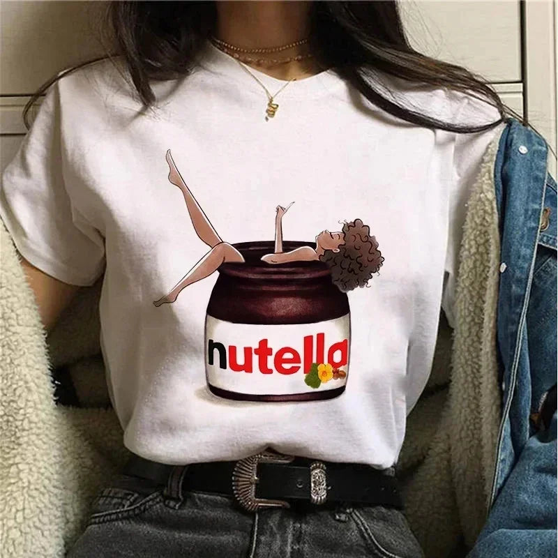 Ladies' New Kawaii Fashion Nutella Fun Printed T-shirt Harajuku Women's Cute Cartoon Korean Top T-shirt Women's Clothing