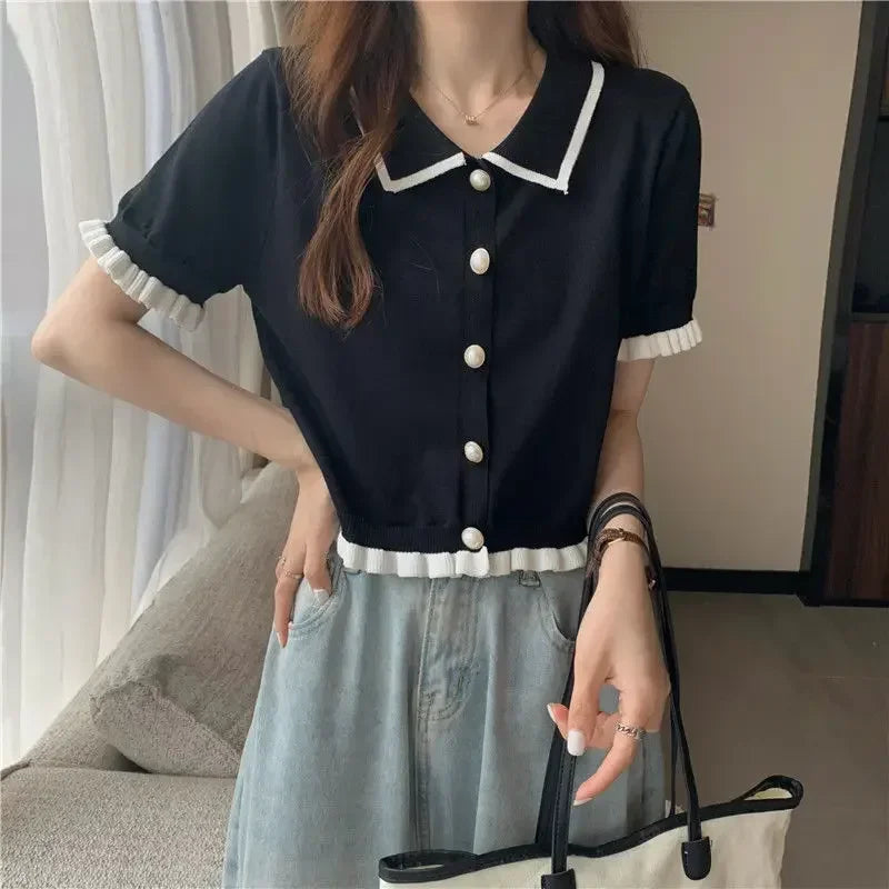 Women's Stylish Clothing Knitting Button Short Tops Tees Patchwork Striped Jacket Girls Y2k Clothing Korean Sweater Short Shirt