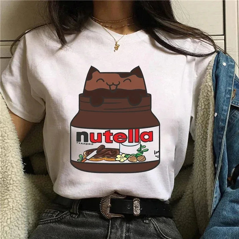 Ladies' New Kawaii Fashion Nutella Fun Printed T-shirt Harajuku Women's Cute Cartoon Korean Top T-shirt Women's Clothing