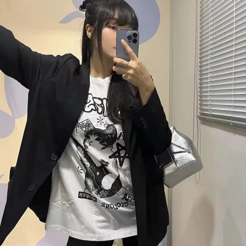 American Cat Rock Guitar Graphic Short Sleeve T-Shirt Loose Korean Fashion Oversized Women's Summer Clothes Y2k Streetwear
