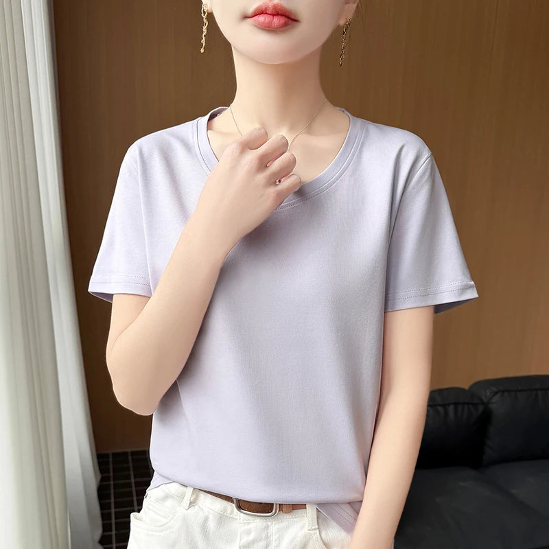 2026 new women's short sleeved O-neck 100% cotton knitted T-shirt breathable and cool Korean version hot selling T-shirt
