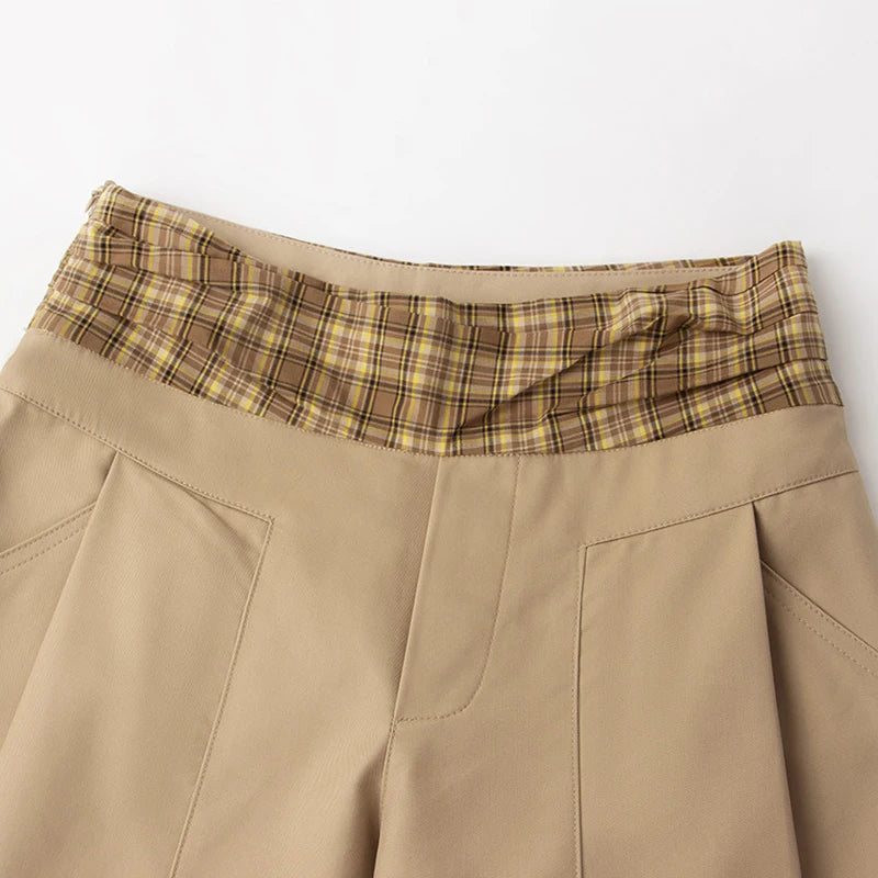 American Retro Khaki Casual Pants for Women 2026 Spring Plaid Patchwork Wide Leg Pants Women Loose High Waisted Long Trousers