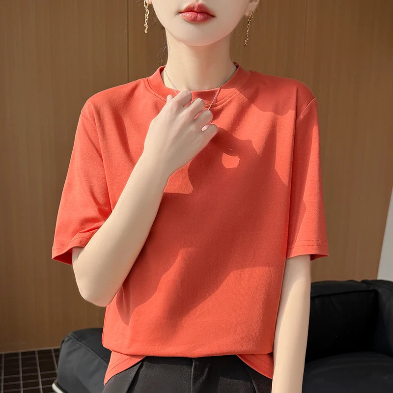 Women's Short Sleeve O-Neck T-Shirt 100% Cotton Knitted Breathable Cool Korean Style Hot Selling Summer Top