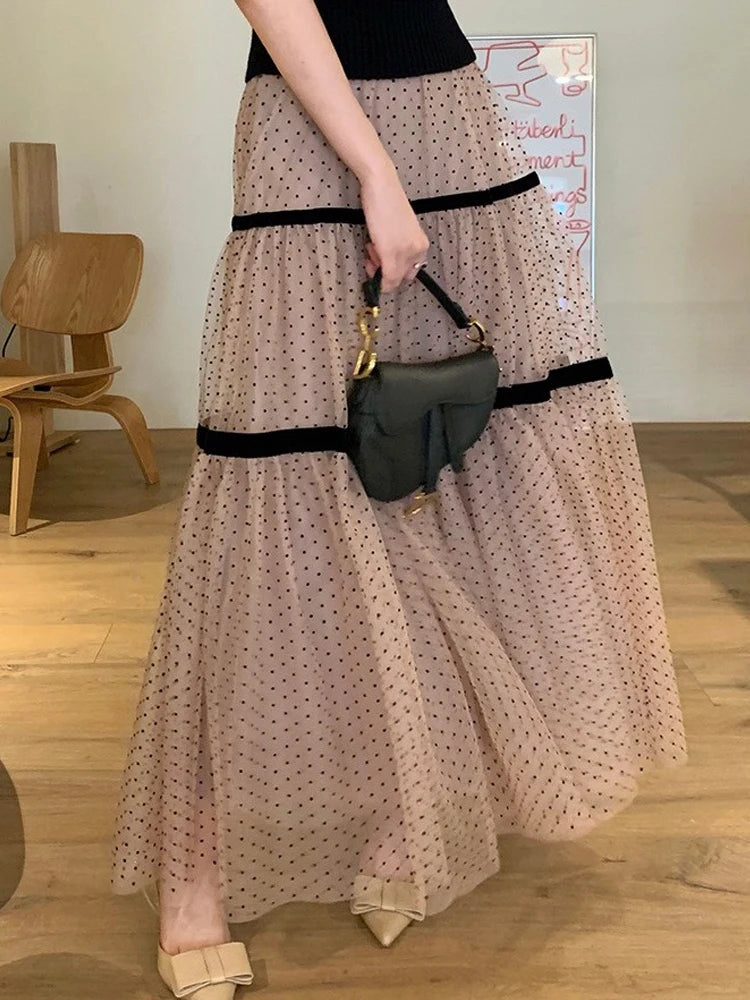 Faionable High Waist Knee-Length Polka Dot f Skirt Women's Korean Sle Spring Autumn Loose A-Line Skirt Long Skirt