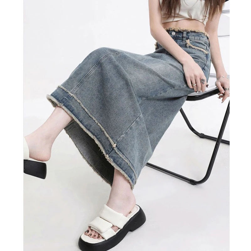 Summer Trendy Female Raw Edge Jeans Skirt Lady Korean Slim Fit Mid-Long Dress Women High Waist Solid Thin Denim Skirt