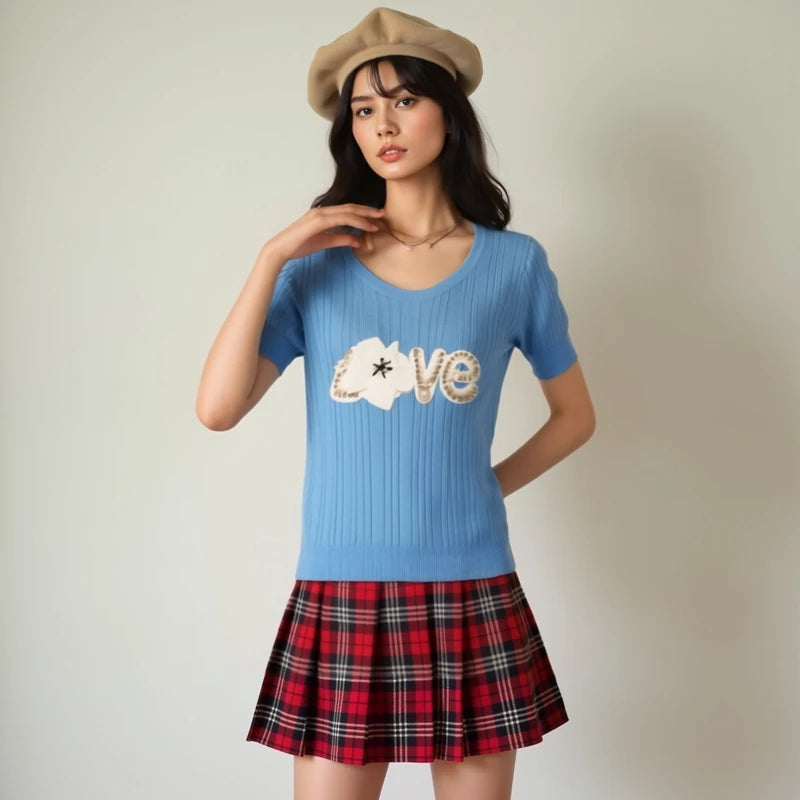 Knitted T-shirt for Women Summer Love Flower Embroidery Luxury Clothes Slim Tops Female Short Sleeve T-shirt Tee