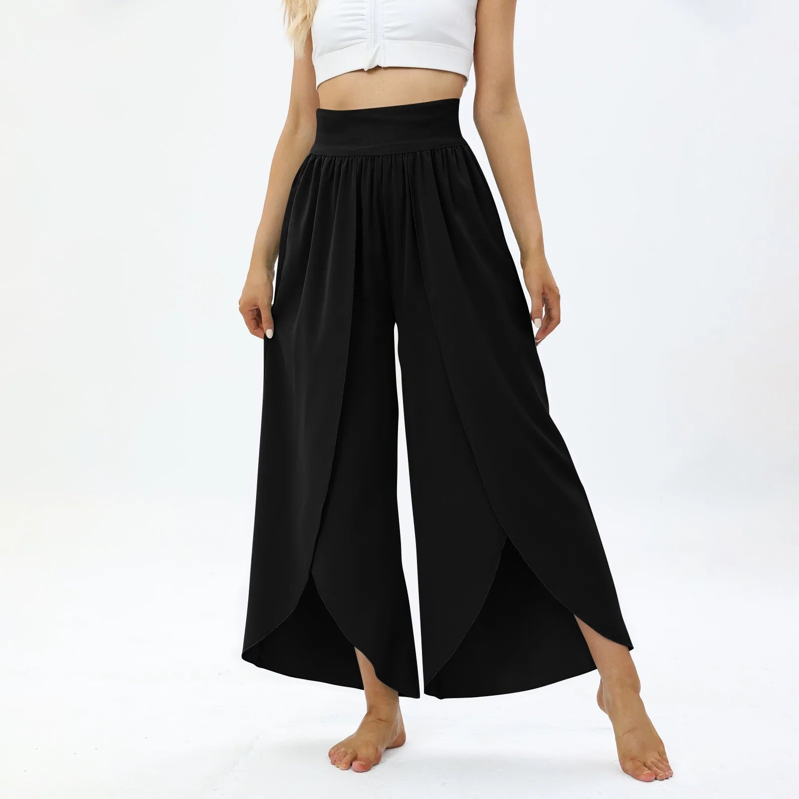 Ladies' Elastic Waist Solid Color Casual Irregular Trousers Fashion Korean Version High Waist Loose Wide Leg Long Pants