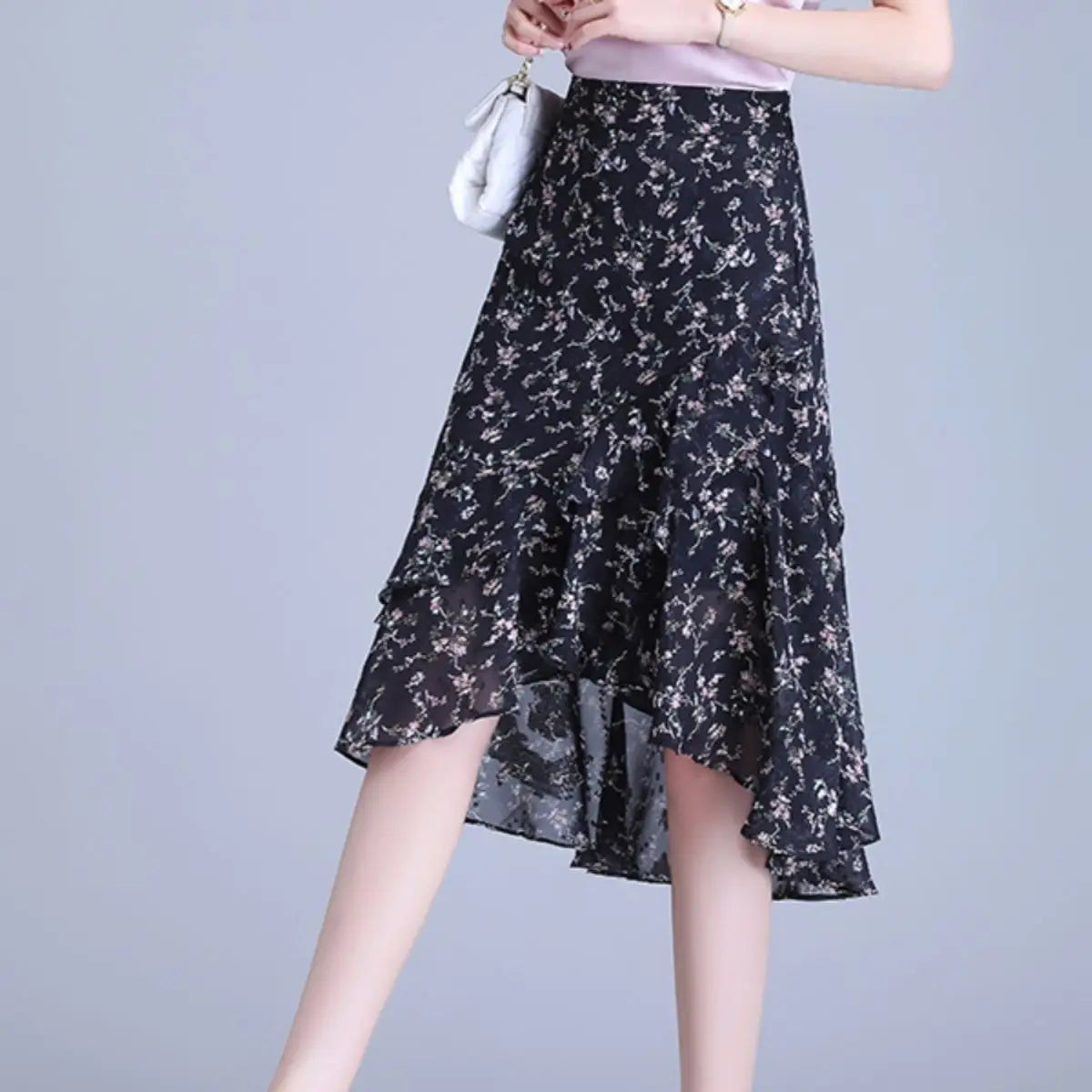 Ruffle Floral Women's Skirt Midi Black Y2k Vintage Female Skirts Korean Style Chic and Elegant Premium Fashion A Line Luxury V