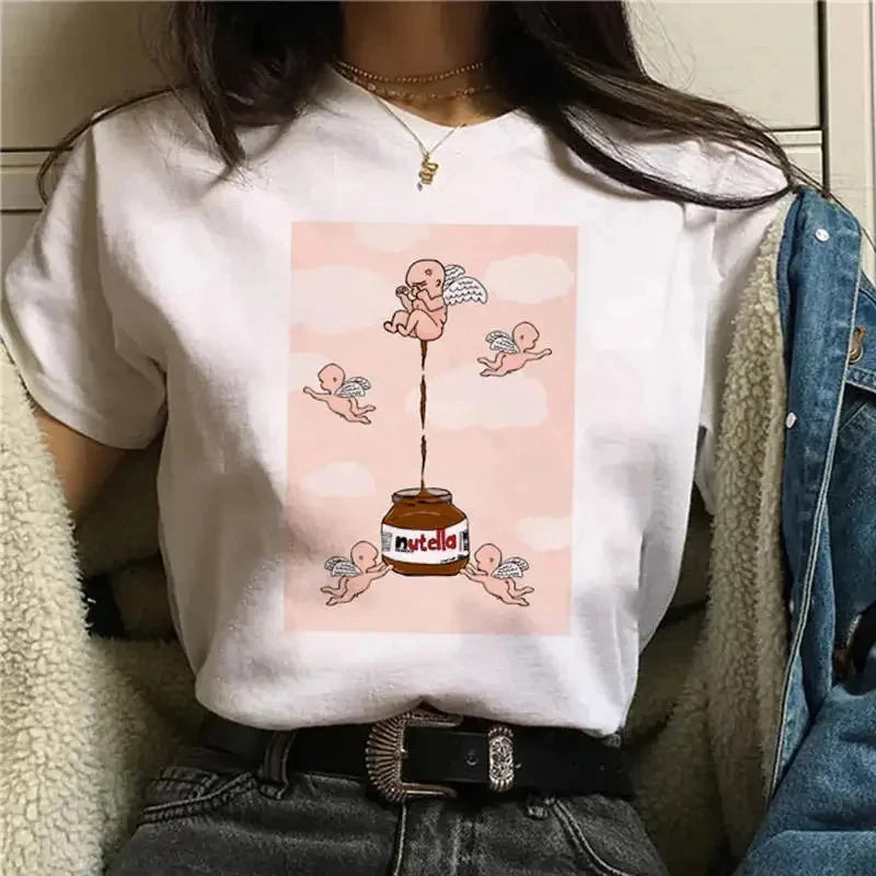 Ladies' New Kawaii Fashion Nutella Fun Printed T-shirt Harajuku Women's Cute Cartoon Korean Top T-shirt Women's Clothing